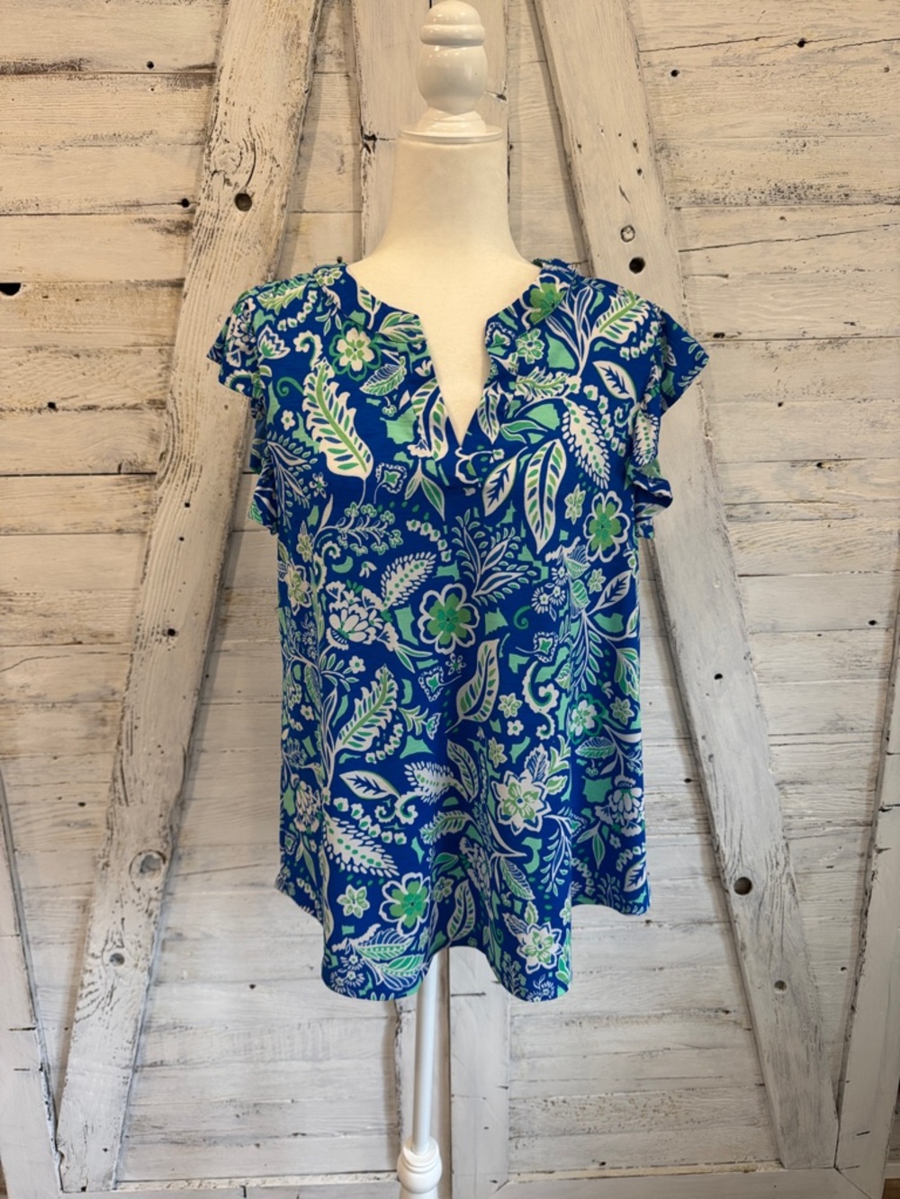 Women's Blue Floral Split V-Neck Cap Sleeve Blouse